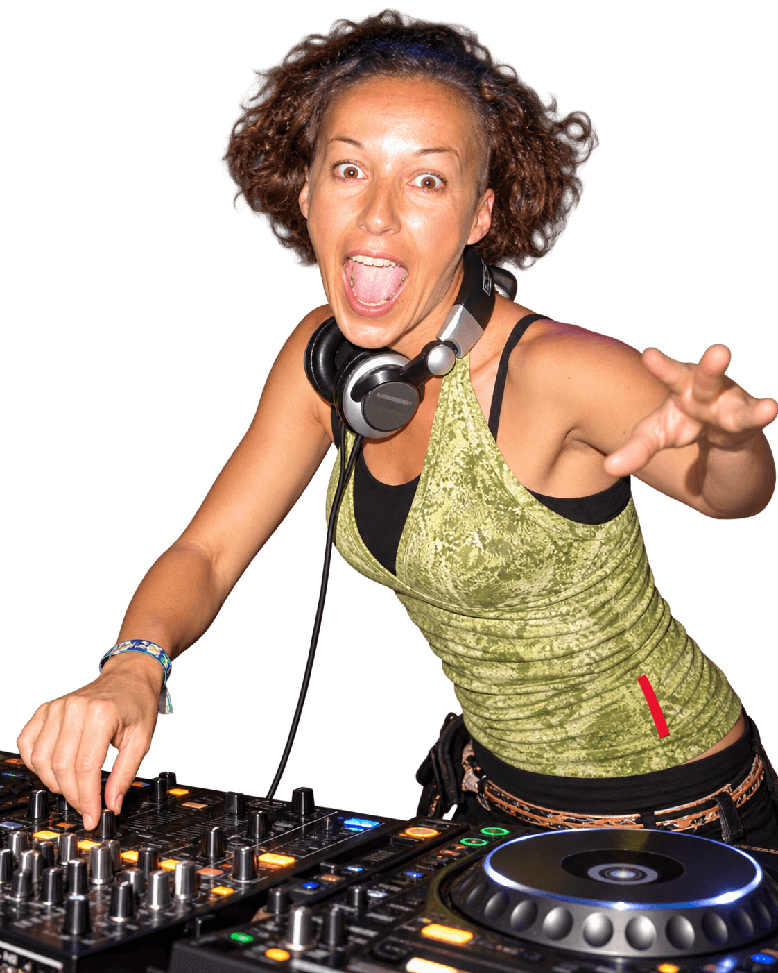 Twisted Kala at the decks, headphones around her neck