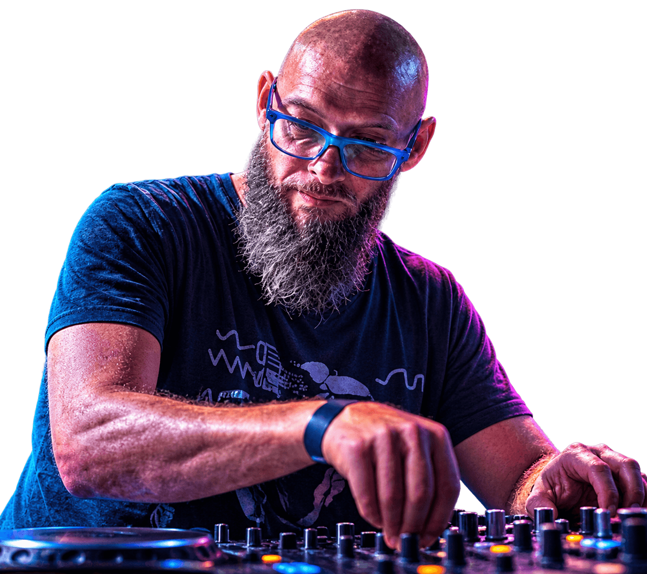 Kindzadza at the mixer, blue glasses and a grey beard